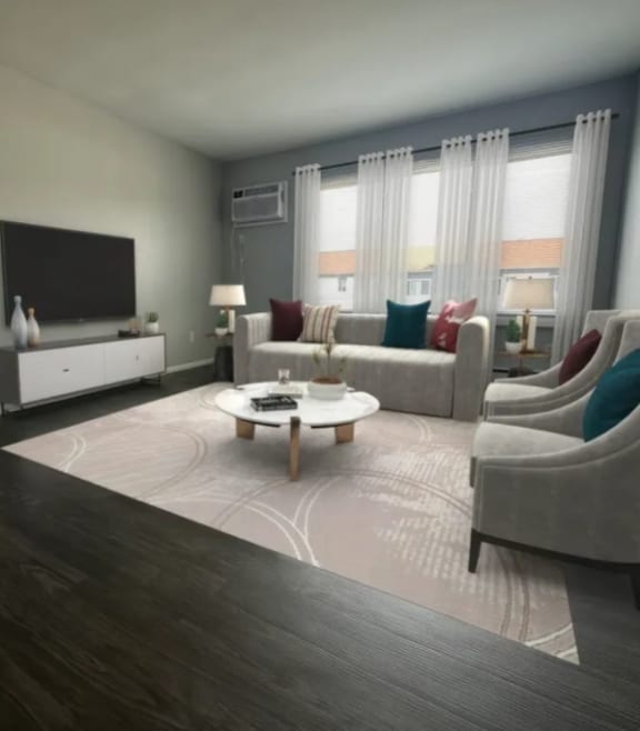 a living room with gray walls and a large white coffee table in the middle of the room