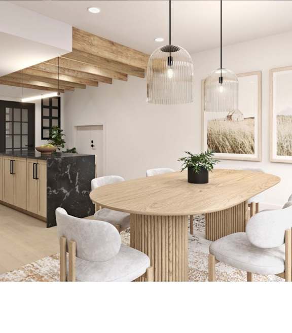 A modern kitchen with dark wood cabinets and a white countertop.