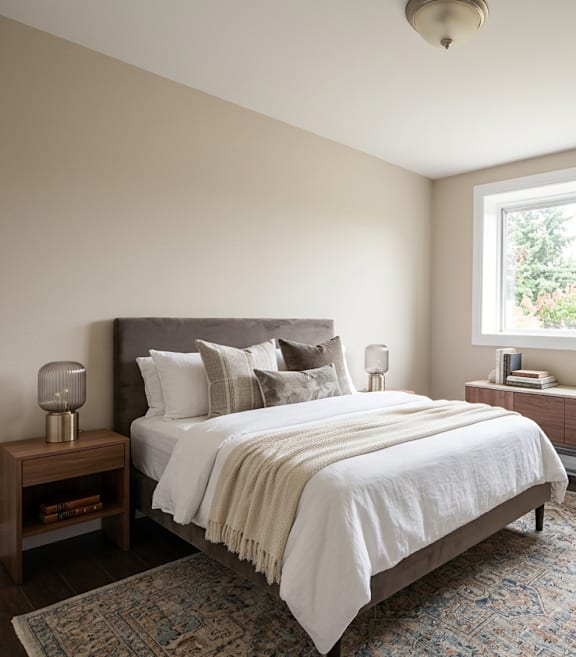 A bedroom with a large bed and a potted plant.