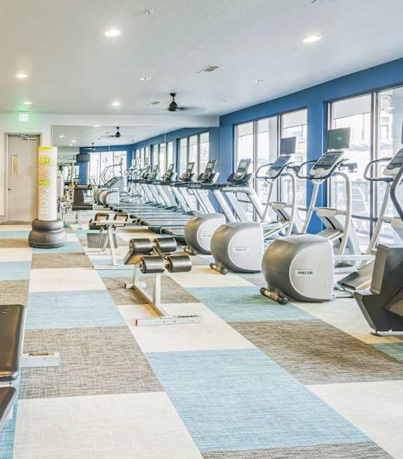 a fitness room with cardio equipment and windows at the district at highland village apartments at The Atlantic Memorial, Houston, 77079