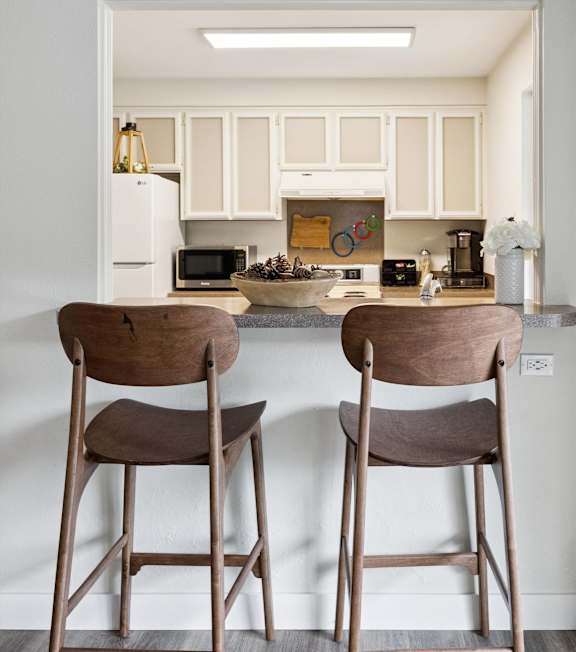 Two wooden chairs are placed in front of a kitchen counter.