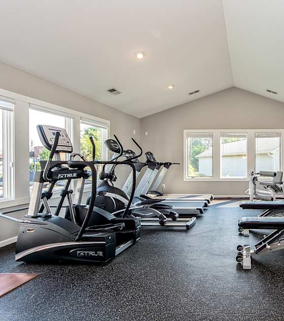 A spacious home gym with a variety of exercise equipment.