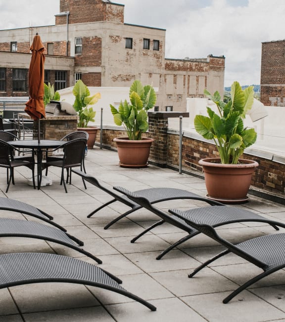the rooftop terrace of a hotel with tables and chairs and potted plants