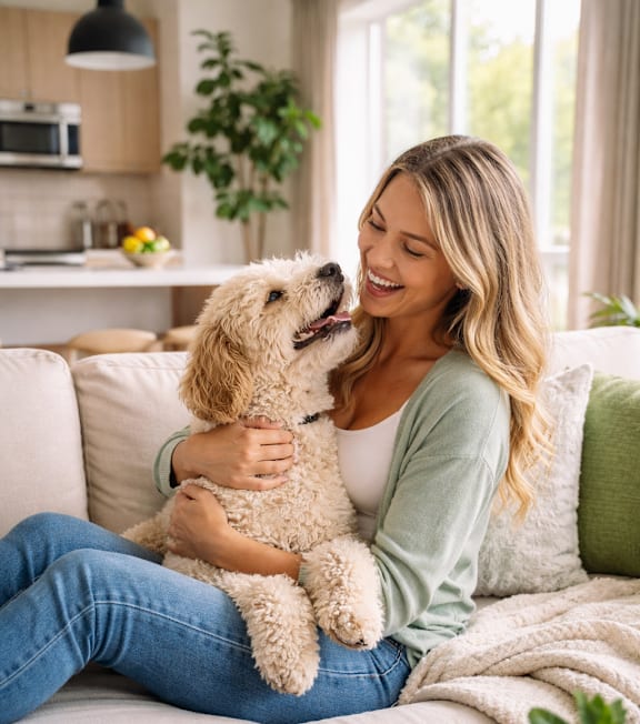 A woman is sitting on a couch holding a dog.