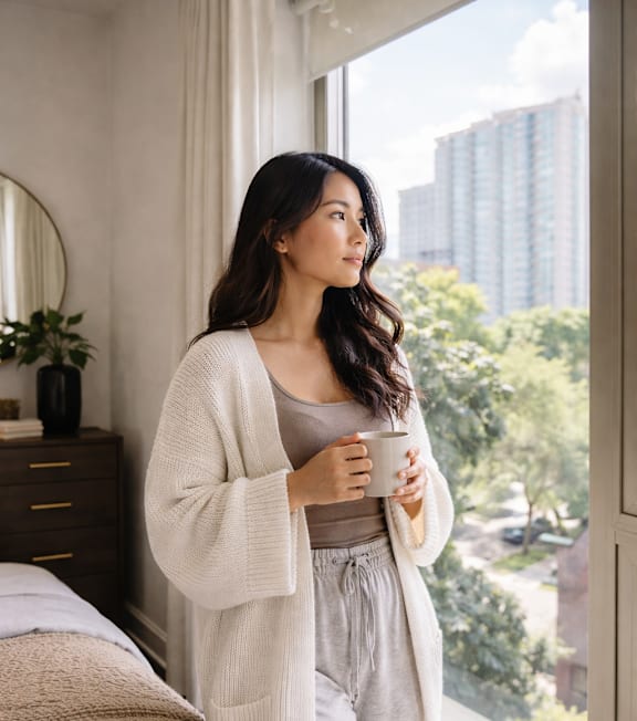 A woman in a white outfit is standing by a window holding a cup.