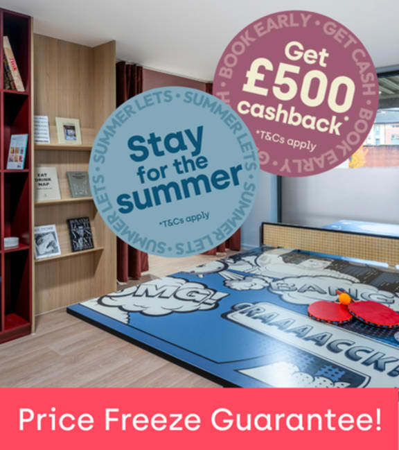 A room with a bed and a sign offering a £1,500 holiday voucher.