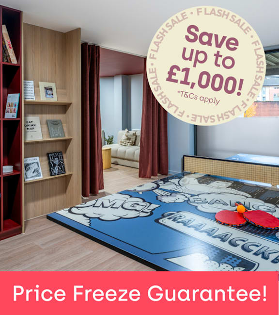 A room with a bed and a sign offering a £1,500 holiday voucher.