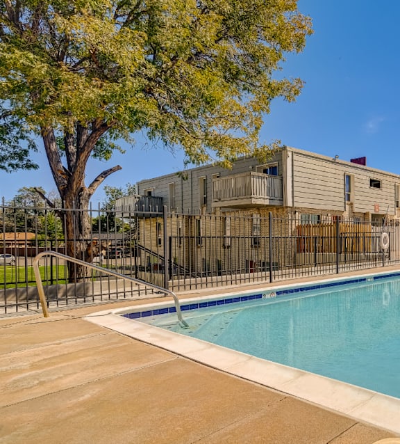 A swimming pool in a sunny day surrounded by a fence.