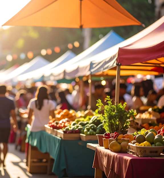 A busy outdoor market with people walking and shopping for produce.