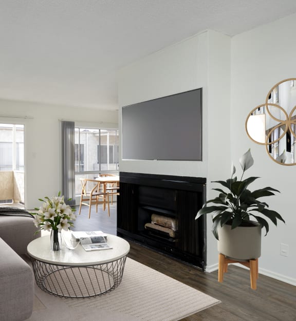a living room with a couch and a table and a television