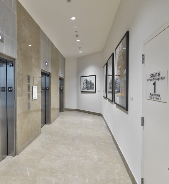 a hallway with elevators and paintings in a building