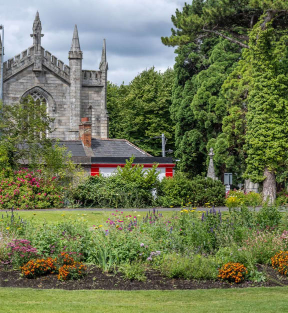 a garden with flowers and a church in the background