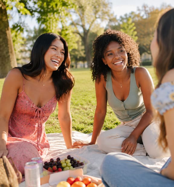 Three women having a picnic in a park.