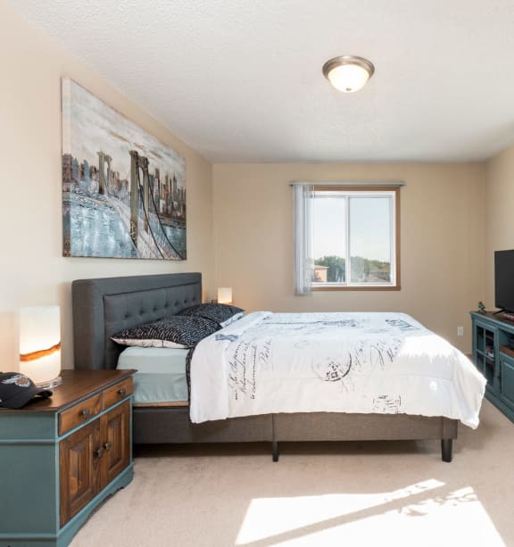 Bismarck, ND Sierra Ridge |a bedroom with a bed and a dresser and two windows