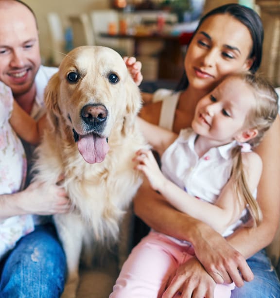 a family sitting on a couch with a dog at Spring Meadow Apartments, Glendale