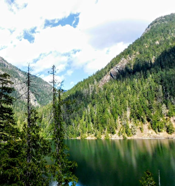 a small lake in the middle of a forest with mountains