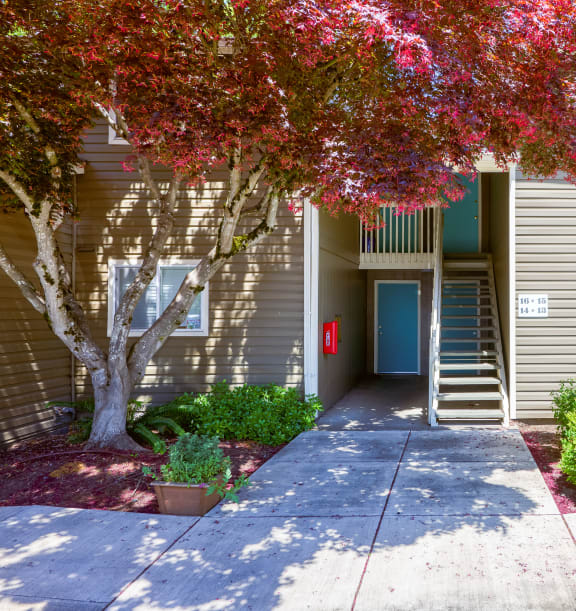 a walkway in front of a grey apartment building with a blue door