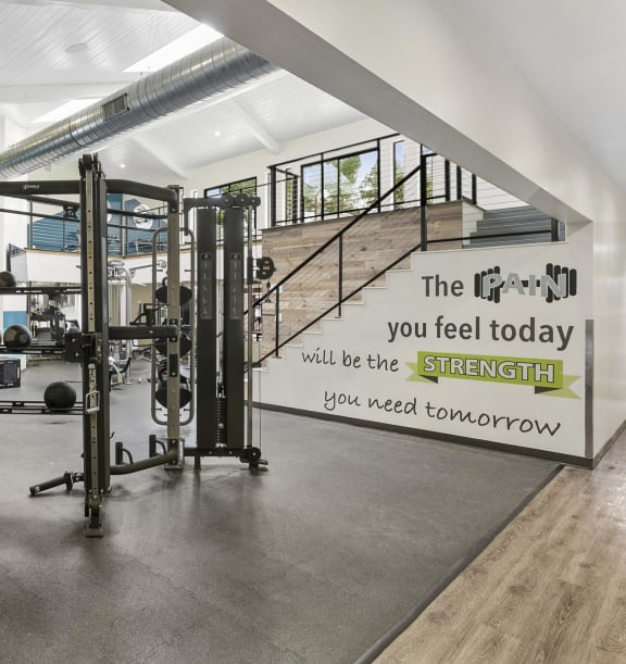 a gym with weights and a sign that says you feel today will be the strength