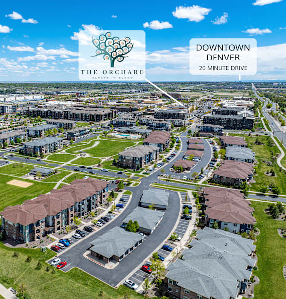 An aerial view of The Orchard apartment complex in Downtown Denver.