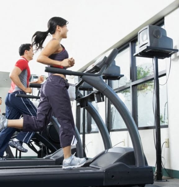 two people running on a treadmill at a gym