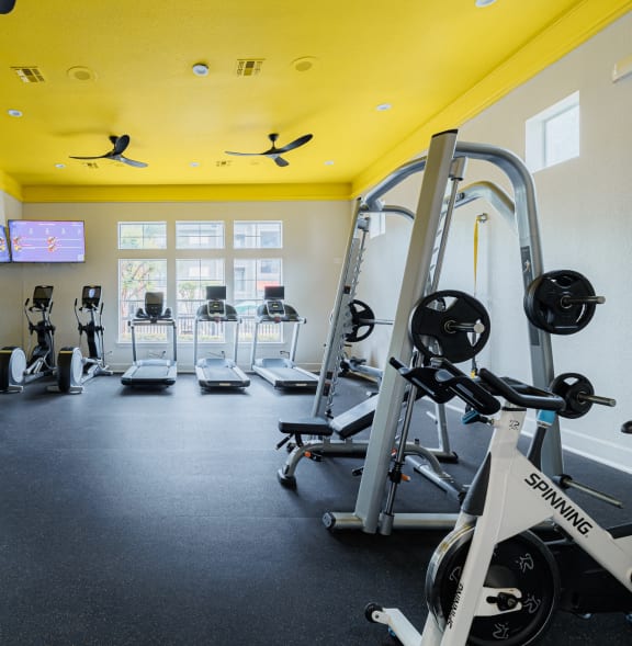 a gym with weights and other exercise equipment and windows