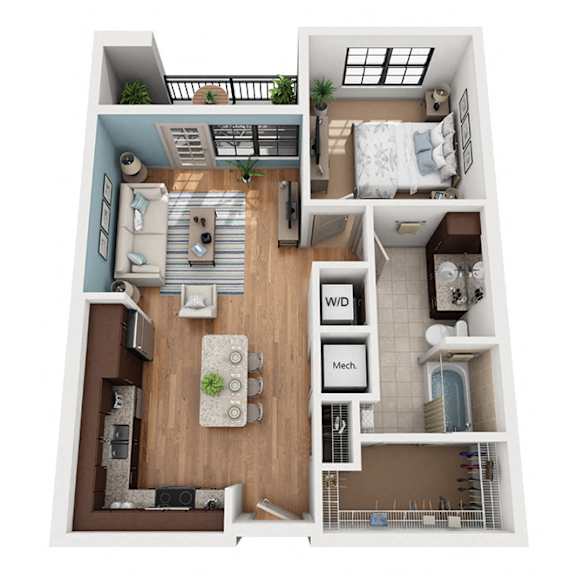 Thumbnail 1 of 2 A2 1 Bedroom 1 bathroom 3D Floor Plan at Azul Baldwin Park, Orlando, 32814