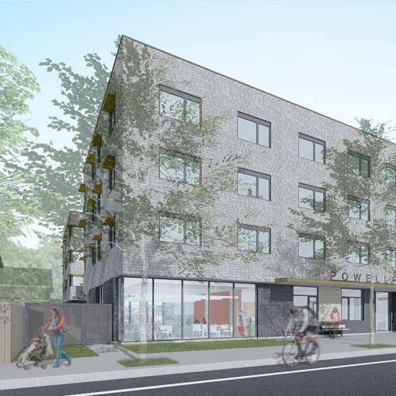 a rendering of a brick building on a city street