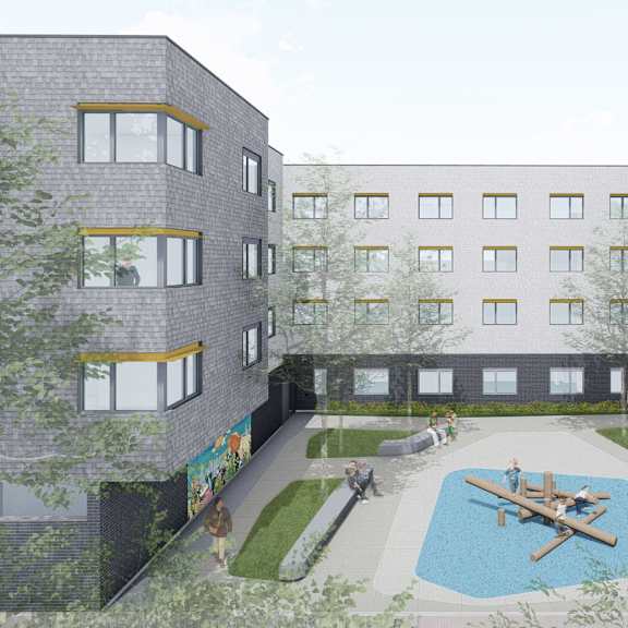 a rendering of a courtyard with a pool in the middle