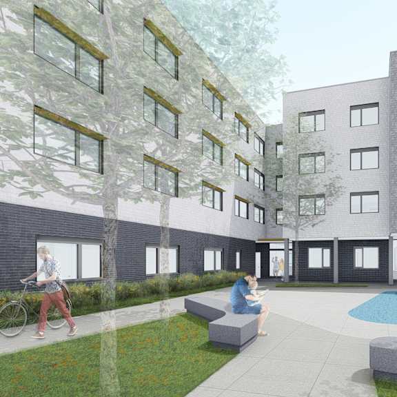 a rendering of a building with people in a courtyard