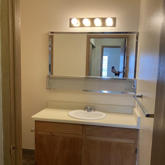 a bathroom with a sink and a mirror