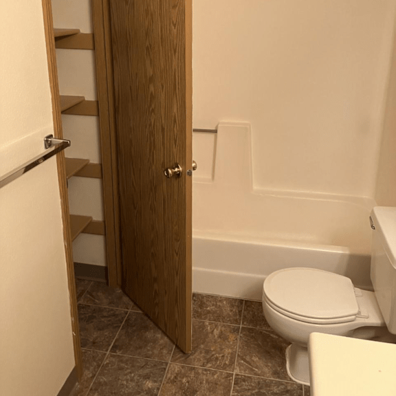 a bathroom with a toilet and a bath tub