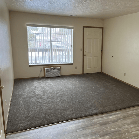 an empty living room with a window and a door