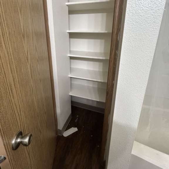 a white door with a silver handle is open to a small pantry with shelves.