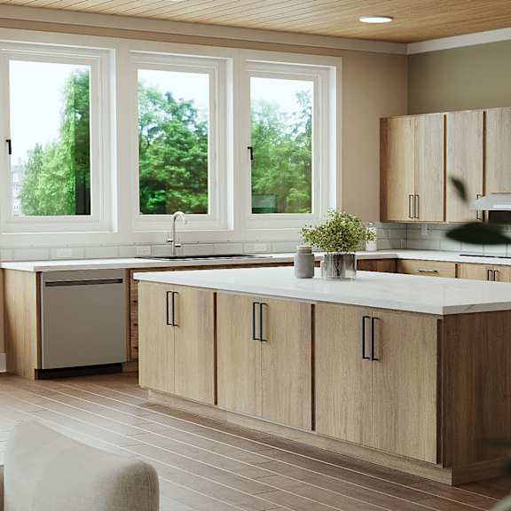 a kitchen with wooden cabinets and a white countertop.