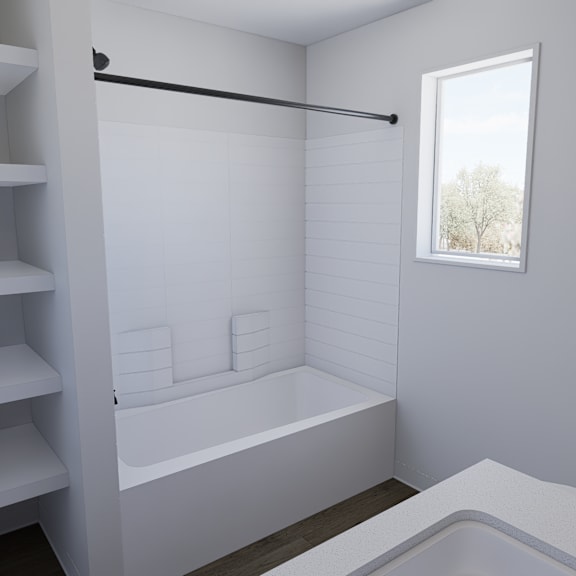 a white bathroom with a tub, sink, and shelves.
