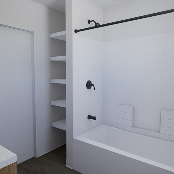 a white bathroom with a tub, sink, and shelves.
