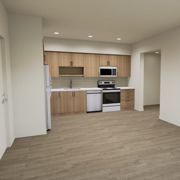a kitchen with a refrigerator, oven, and sink is shown in the image.