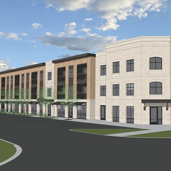 a rendering of a three story building with a street in front of it