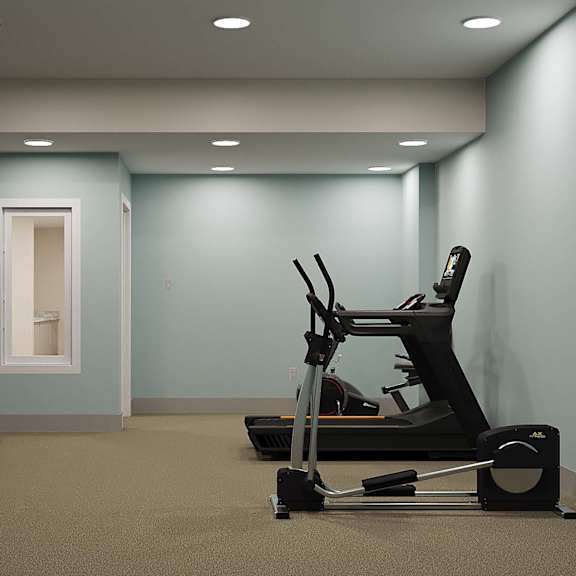 a gym with a treadmill, exercise bike, and dumbbells.