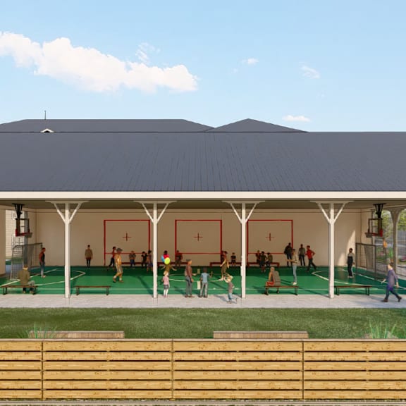 a rendering of a building with a pool and people in it