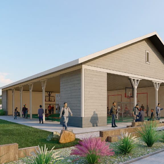 a rendering of a building with people standing outside of it