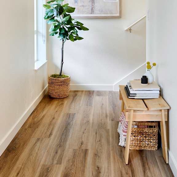 a living room with wooden floors and a plant and a painting on the wall