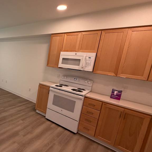 a kitchen with a white stove and wooden cabinets.