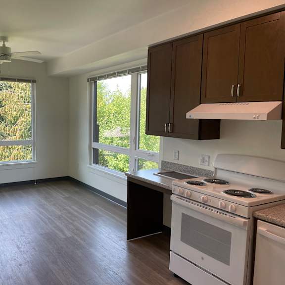 an empty kitchen with a stove and a window