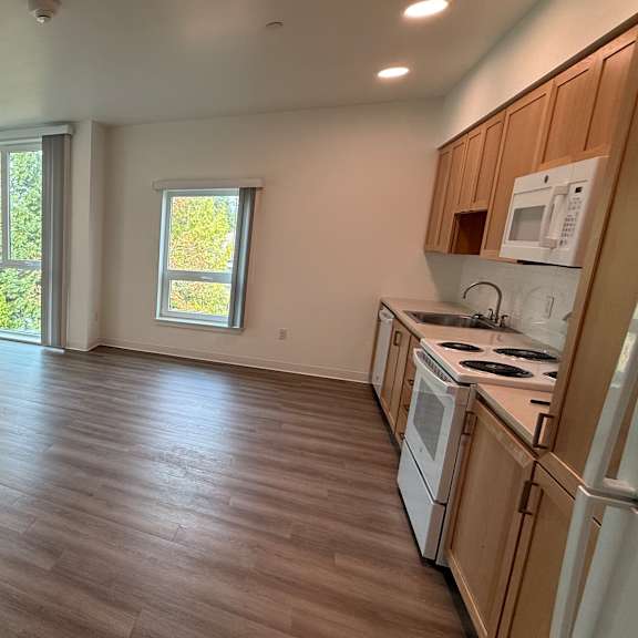 a kitchen with white appliances and wooden cabinets.
