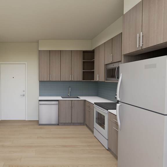 a kitchen with white appliances and wooden cabinets.