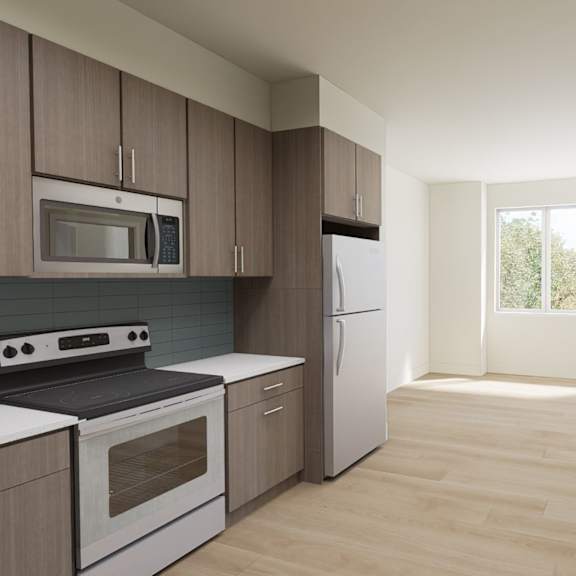 a kitchen with wooden cabinets and a white refrigerator.