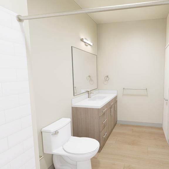 a white bathroom with a toilet, sink, and mirror.