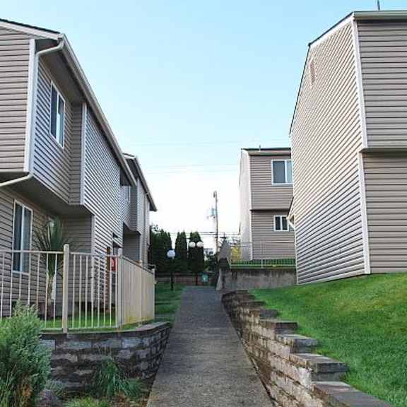 sidewalk view between buildings