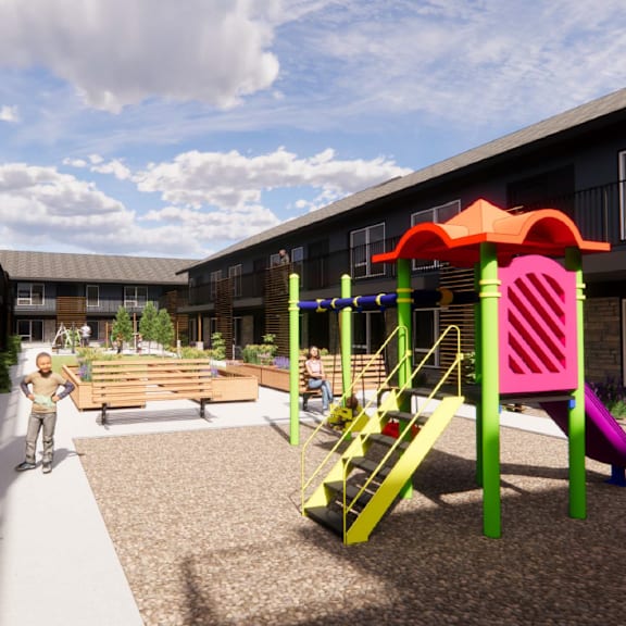 a playground with a slide and a child on a scooter.